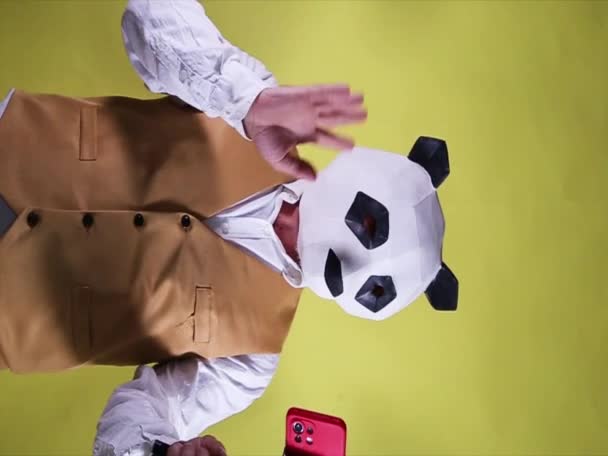 Mand Panda Hovedmaske Gul Baggrund Taler Videokonference Sin Smartphone Portræt – Stock-video