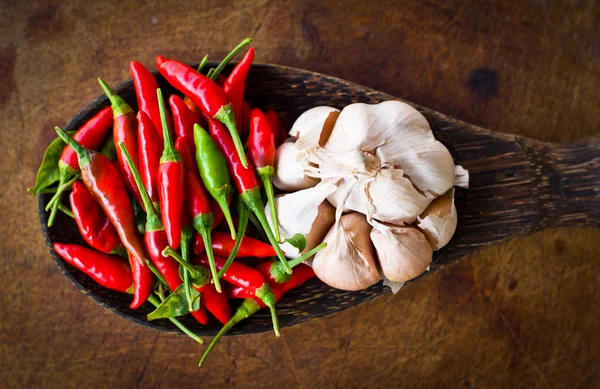 Chili rojo y ajo en cucharón de madera — Foto de Stock