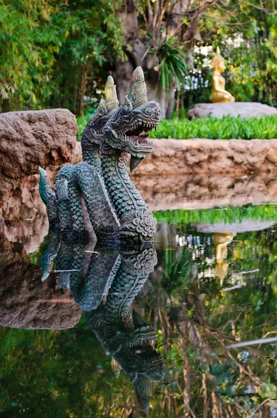 Reflection of Naga and Buddha image — Stock Photo, Image