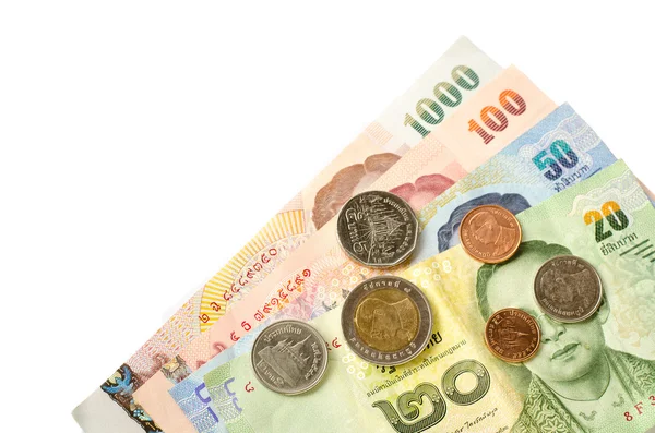 Thajské bankovky a mince — Stock fotografie