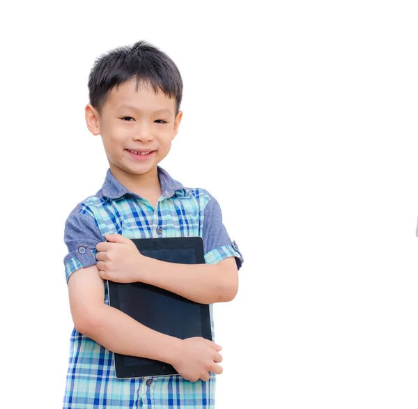 Boy smiles with tablet computer — Stock Photo, Image