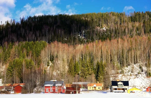 Paisaje Rural Invierno Sueco Con Antiguas Cabañas — Foto de Stock