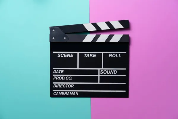 Movie Clapper Green Pink Table Background Film Cinema Video Photography — Stock Photo, Image