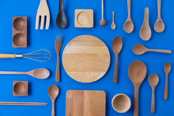 Utensili Cucina Legno Cucinare Sulla Tavola Blu Cibo Preparare Concetto — Foto Stock