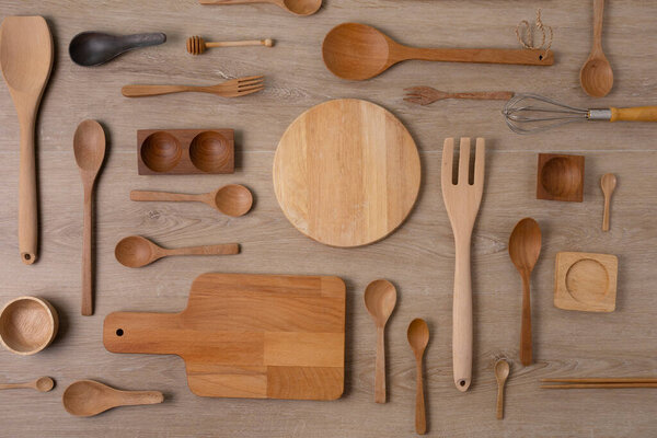 kitchen utensils for cooking on the wooden table, food prepare concept