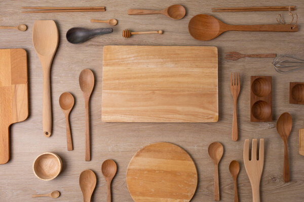 kitchen utensils for cooking on the wooden table, food prepare concept