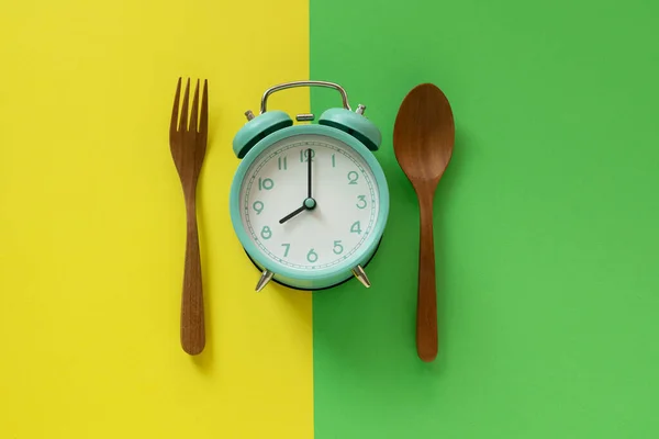Food Clock Spoon Fork Healthy Food Breakfast Concept Yellow Green — Stock fotografie