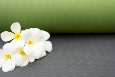 green yoga mat and a flower outdoor, healthy and sport concept