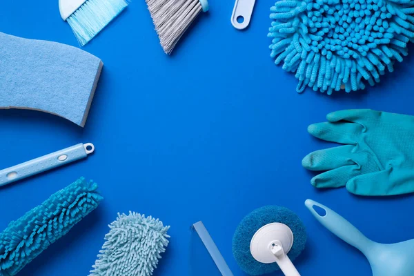 House Cleaning Plastic Product Wood Table Blue Background Home Service — Stockfoto