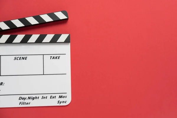 Movie Clapper Red Table Background Film Cinema Video Photography Concept — Stock Photo, Image
