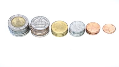 Tayland kağıt para birimi ve paraları beyaza izole edilmiş.