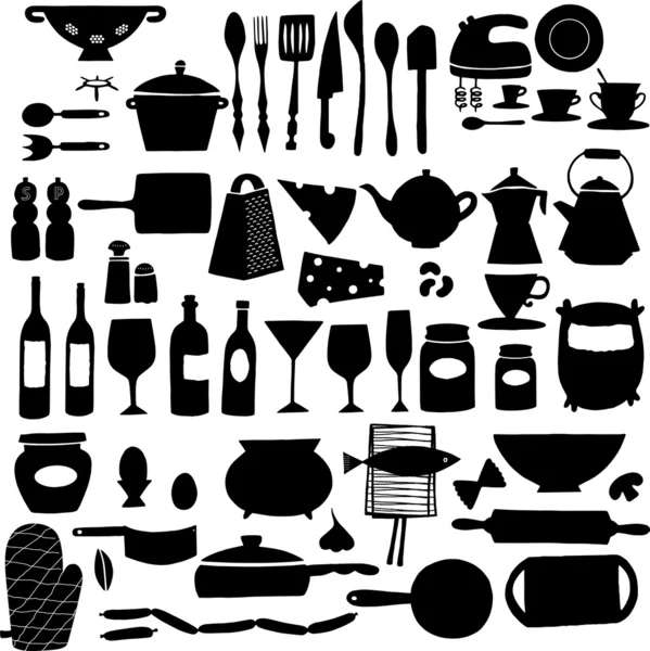 Kuchnia narzędzie ikonę zestaw czerni i bieli — Wektor stockowy