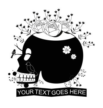 Skull and roses, black and white Day of the Dead card clipart