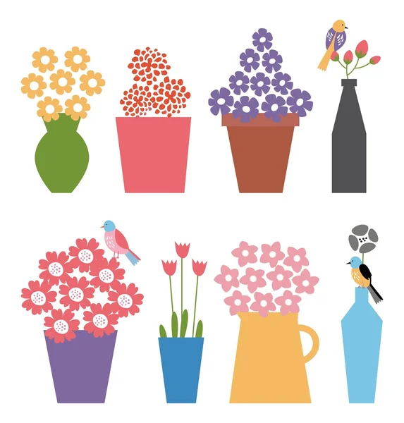 Flores coloridas em vasos com pássaros Vetor De Stock