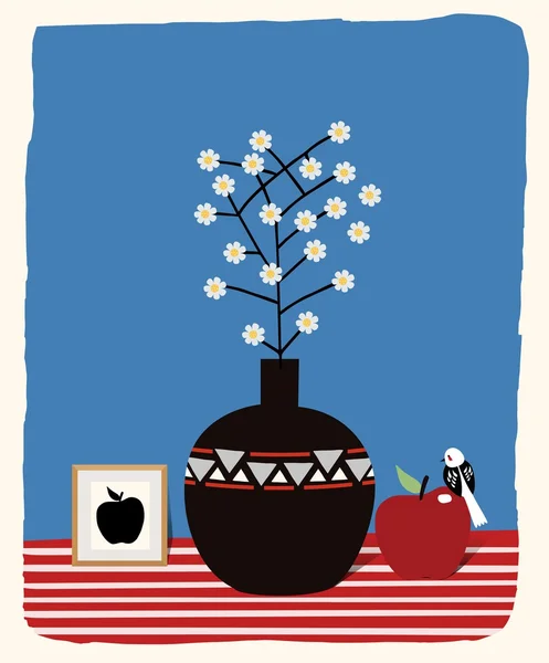Cartaz de flor com um pássaro e maçã na mesa Vetores De Stock Royalty-Free