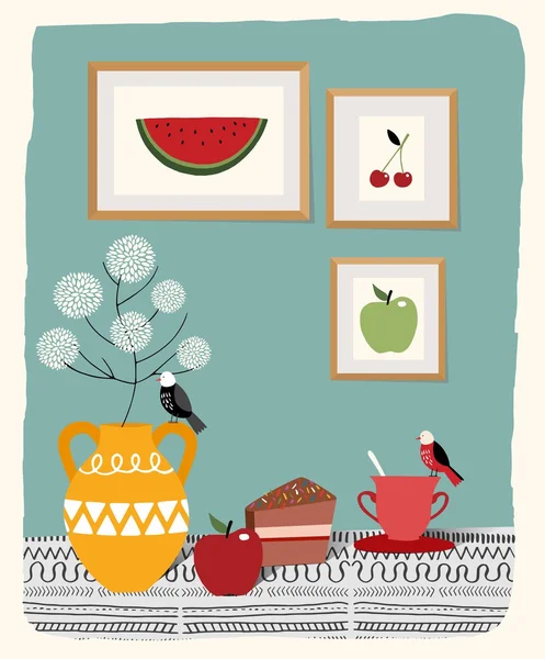 Cartaz de flor com um pássaro e maçã na mesa Ilustração De Stock