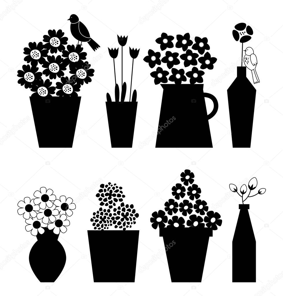 Black and white flower icons in vase with birds