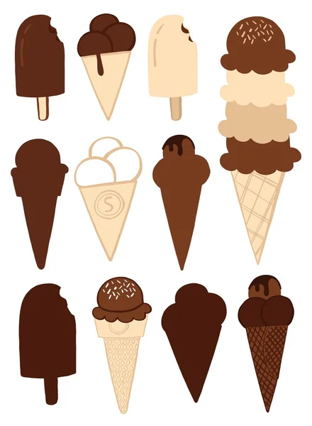 Tipos de helado en gofres aislados en blanco — Vector de stock