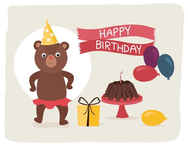 Bonito aniversário feliz, cartão de presente com urso — Vetor de Stock
