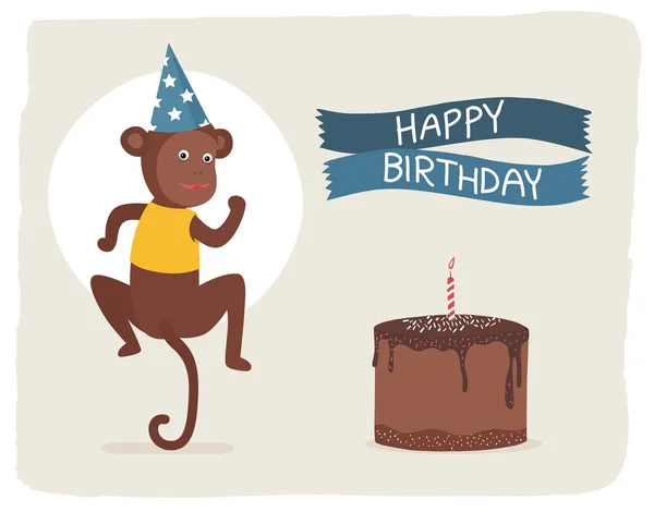 Bonito aniversário feliz, cartão de presente com macaco — Vetor de Stock