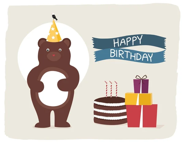 Bonito aniversário feliz, cartão de presente com urso — Vetor de Stock