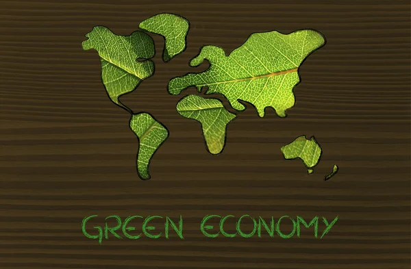 Economía verde, mapa del mundo cubierto por hojas verdes —  Fotos de Stock