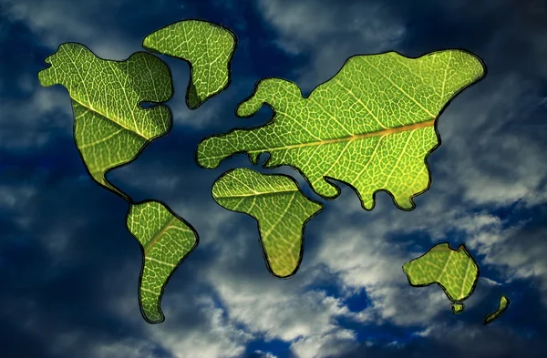 Groene economie, wereldkaart vallende groene bladeren — Stockfoto
