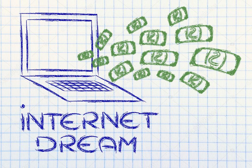 the internet business dream: money exploding out of computer scr