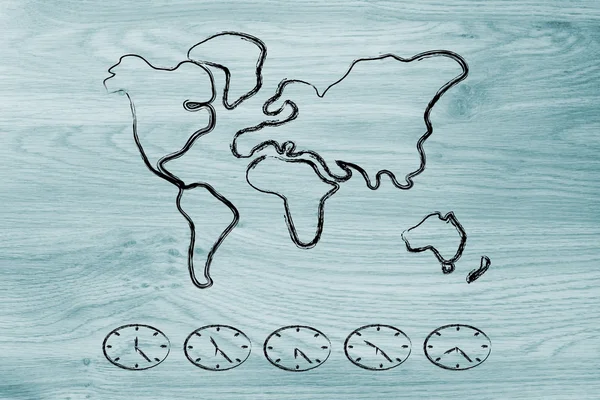 World map and time zone clocks, business going global — Stock Photo, Image