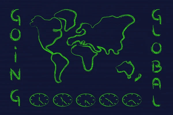 Mundial mapa y huso horario relojes, negocio va global — Foto de Stock