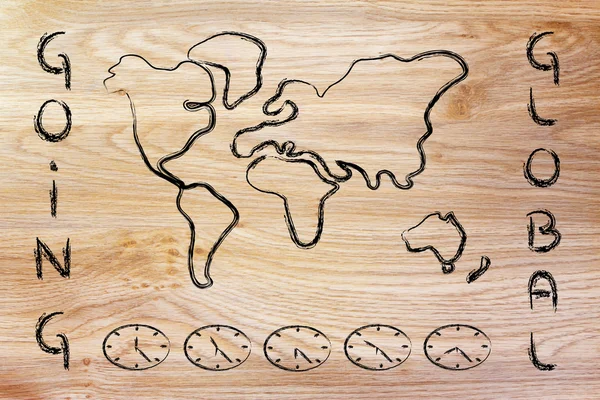 Mappa del mondo e orologi fuso orario, business going global — Foto Stock