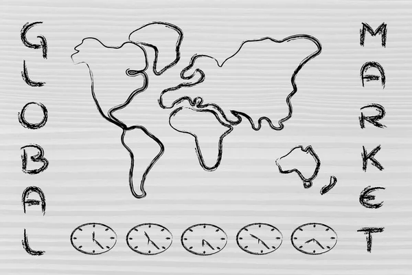 Mundial mapa y huso horario relojes, negocio va global — Foto de Stock