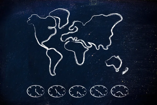 Dünya harita ve saat dilimi saatleri, iş küresel gidiyor — Stok fotoğraf