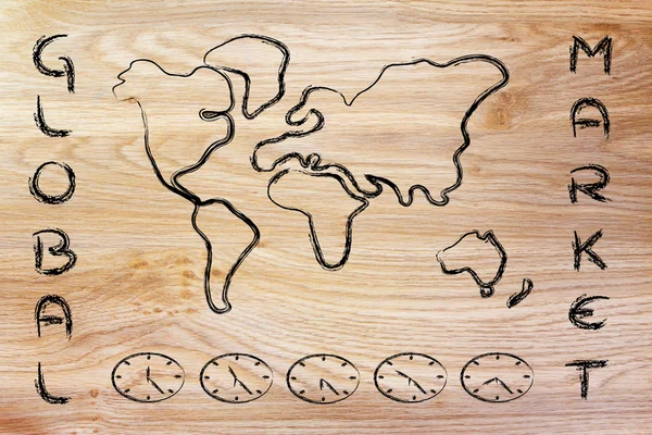 World map and time zone clocks, business going global — Stock Photo, Image