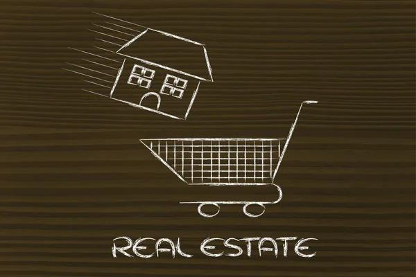 Real estate market, house into shopping cart — Stock Photo, Image