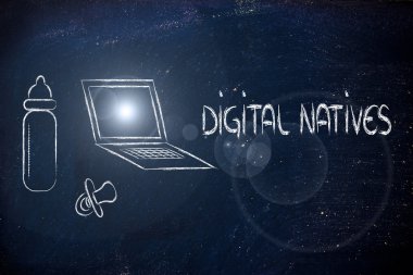 Dijital yerliler: laptop, besleme şişe ve pa komik tasarımı