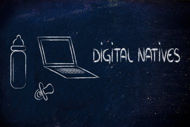 Dijital yerliler: laptop, besleme şişe ve pa komik tasarımı