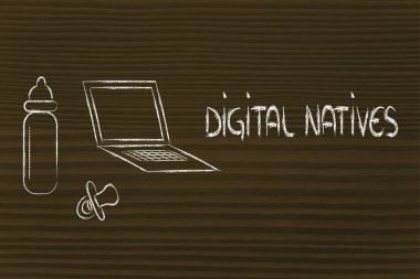 Dijital yerliler: laptop, besleme şişe ve pa komik tasarımı