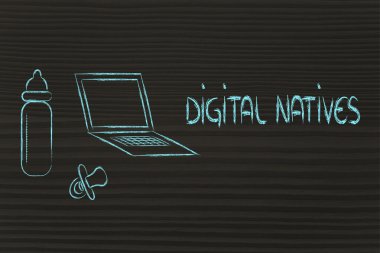 Dijital yerliler: laptop, besleme şişe ve pa komik tasarımı