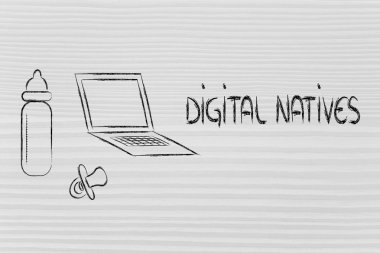 Dijital yerliler: laptop, besleme şişe ve pa komik tasarımı
