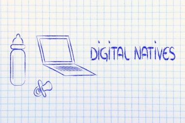 Dijital yerliler: laptop, besleme şişe ve pa komik tasarımı