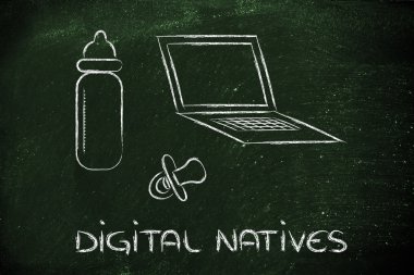 Dijital yerliler: laptop, besleme şişe ve pa komik tasarımı