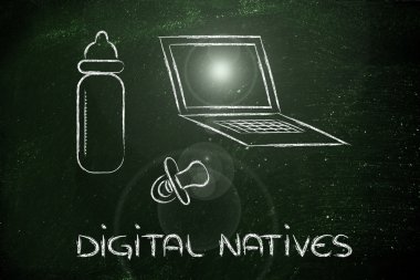 Dijital yerliler: laptop, besleme şişe ve pa komik tasarımı