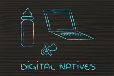 Dijital yerliler: laptop, besleme şişe ve pa komik tasarımı