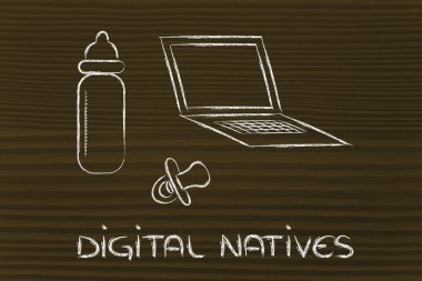 Dijital yerliler: laptop, besleme şişe ve pa komik tasarımı