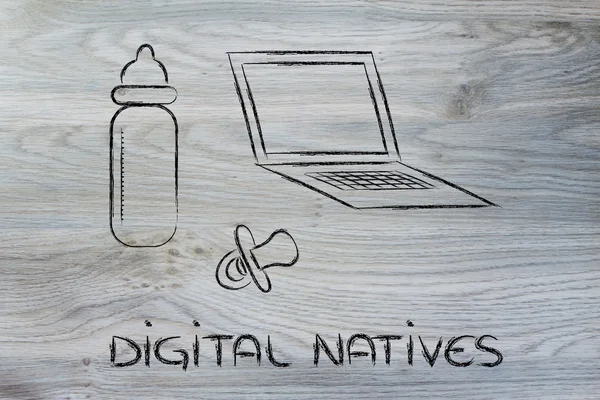 Digitale inboorlingen: grappige ontwerp met laptop, voedingsfles en pa — Stockfoto