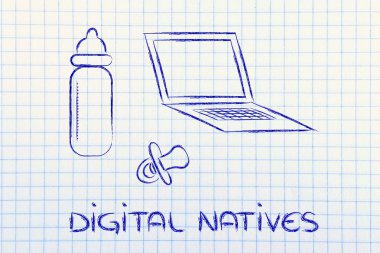 Dijital yerliler: laptop, besleme şişe ve pa komik tasarımı