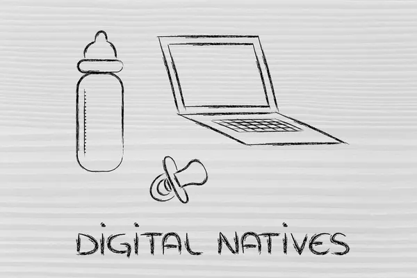 Digital natives: funny design with laptop, feeding bottle and pa — Stock Photo, Image