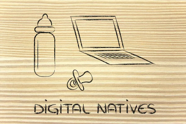 Digital natives: funny design with laptop, feeding bottle and pa — Stock Photo, Image