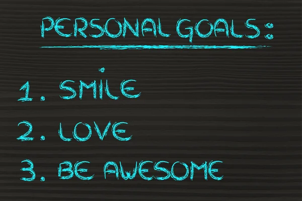 Személyes célok listája: mosolyogni, szeretni, és félelmetes — Stock Fotó